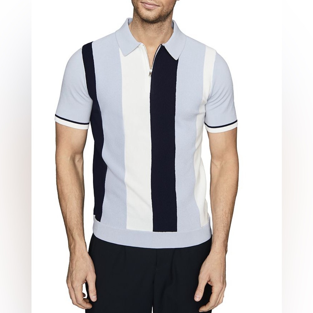 Reiss “Ossie” Striped Half-Zip Polo Shirt (Blue)